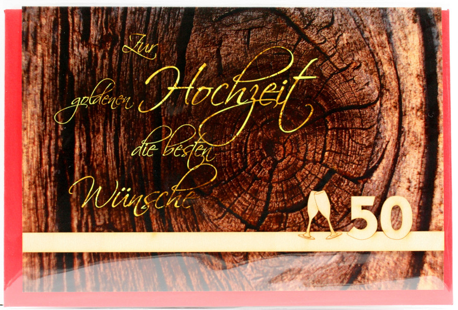 Karte zur Goldenen Hochzeit - Sektgläser & Holz-Zahl Karte zur Goldenen Hochzeit - Sektgläser & Holz-Zahl
