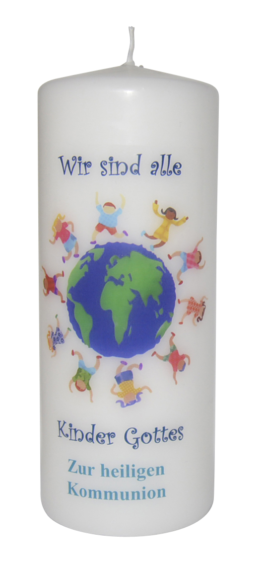 Tischkerze zur Kommunion - Weltkugel & Kinderkreis Tischkerze zur Kommunion - Weltkugel & Kinderkreis