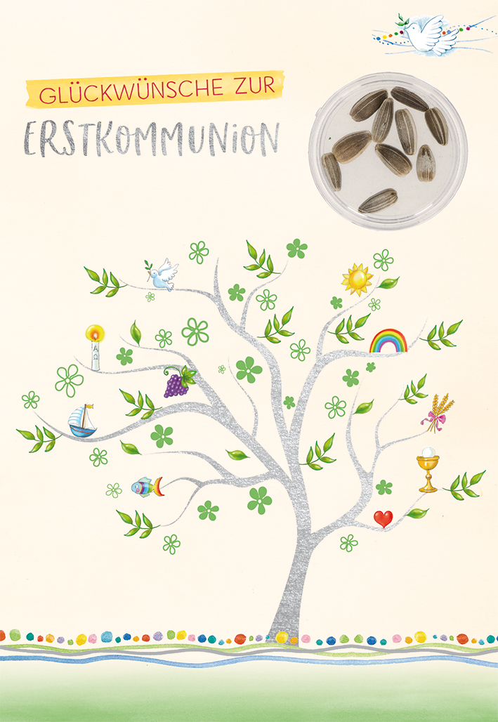 Karte zur Kommunion - Lebensbaum & Sonnenblumensamen Karte zur Kommunion - Lebensbaum & Sonnenblumensamen