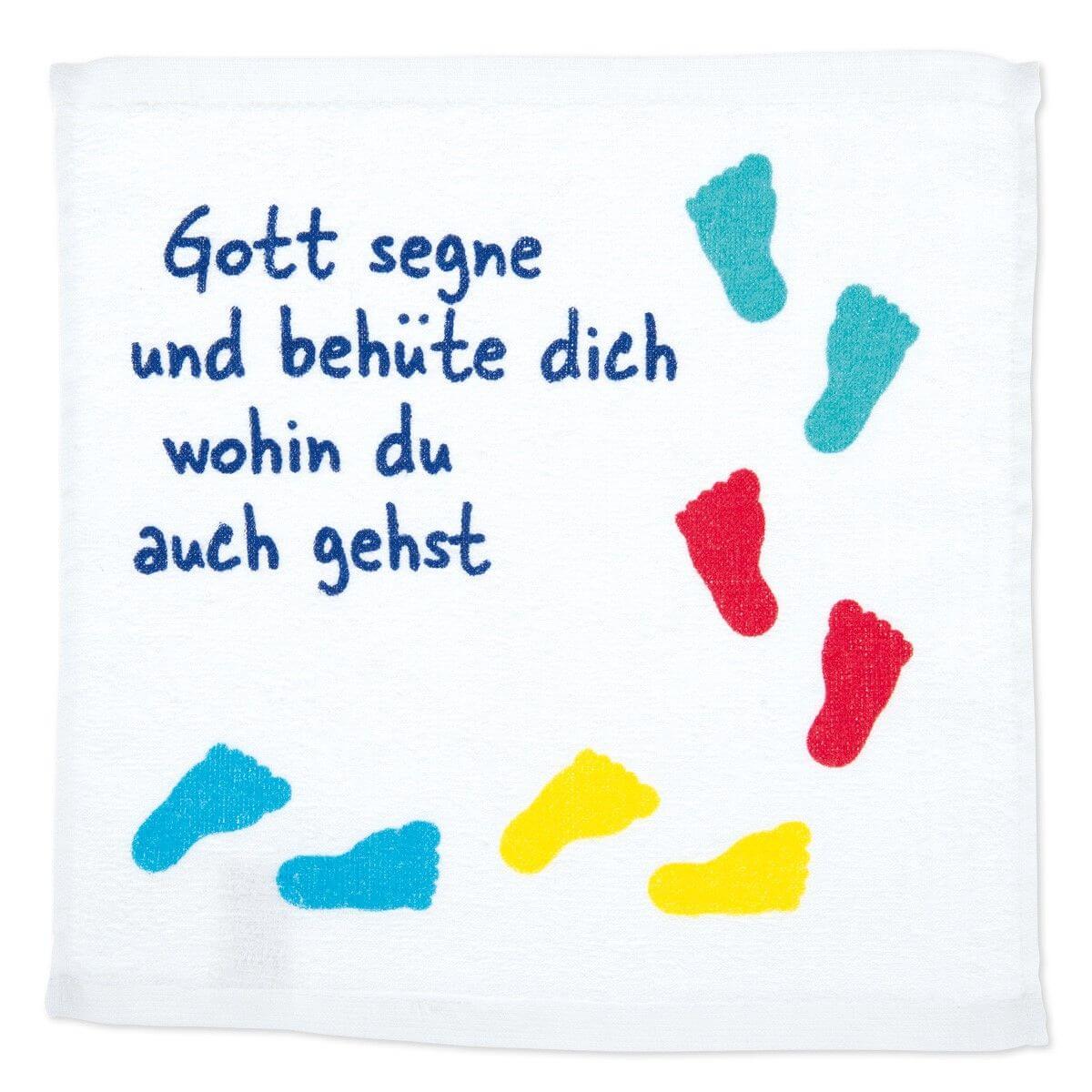 Mini-Handtuch Mit Fußabdrücken und Text: Gott segne und behüte dich wohin du auch gehst