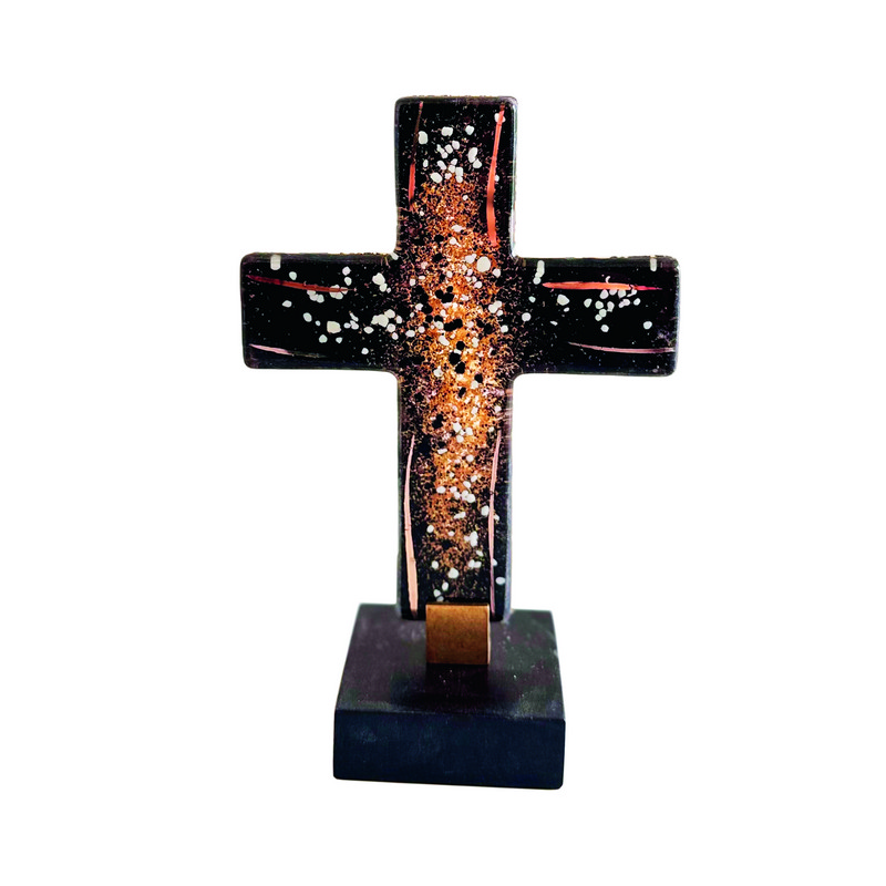 Glaskreuz - Schwarz-Gold & Holzfuß