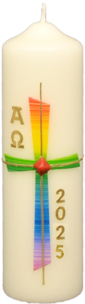 Osterkerze - Regenbogen-Kreuz & mit Jahreszahl Osterkerze - Regenbogen-Kreuz & mit Jahreszahl