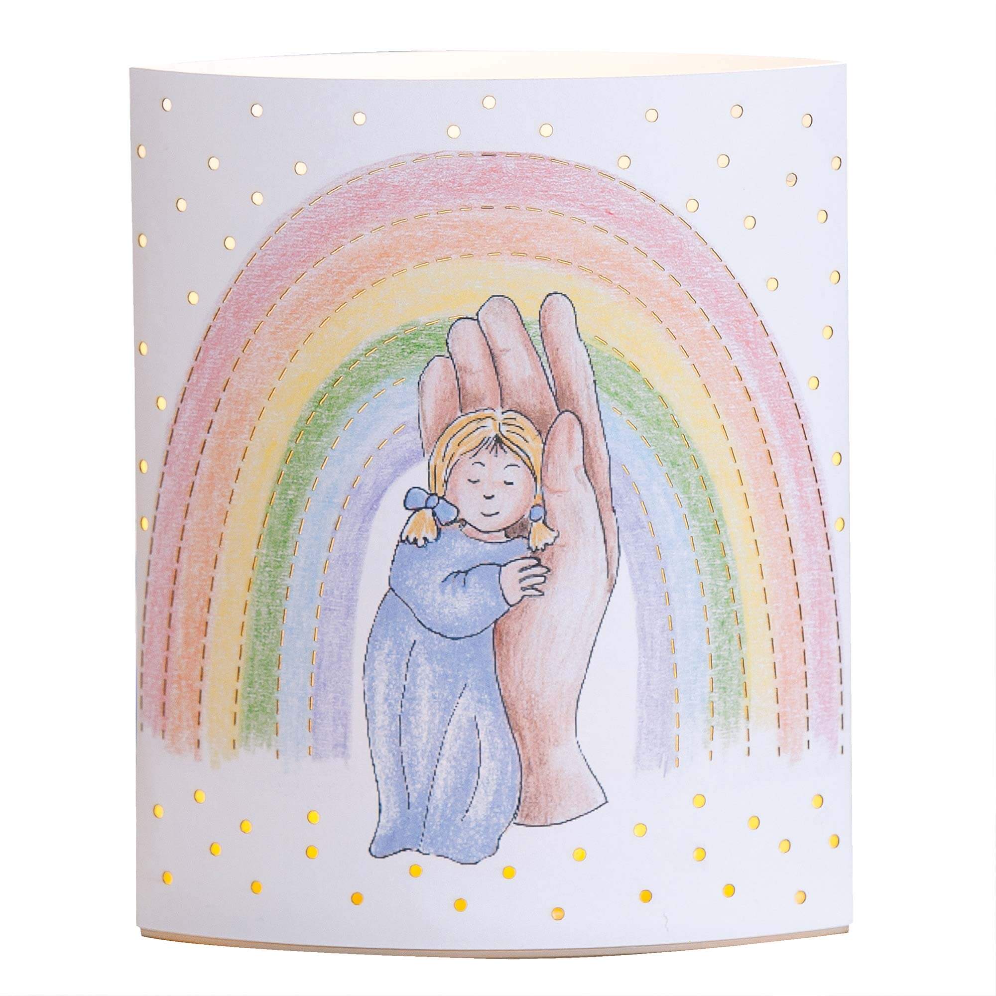 LED-Dekoleuchte – Kind in Hand & Regenbogen