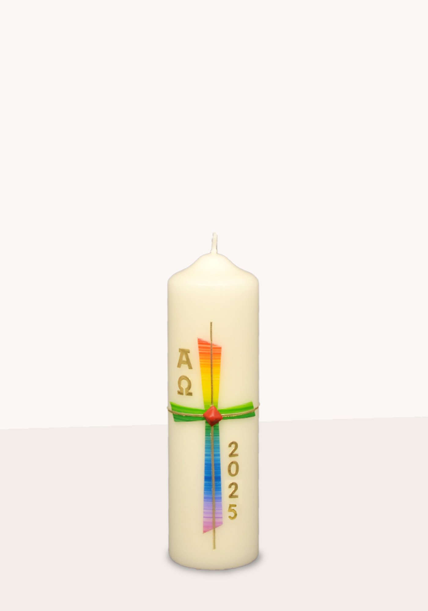 Osterkerze - Regenbogen-Kreuz & mit Jahreszahl
