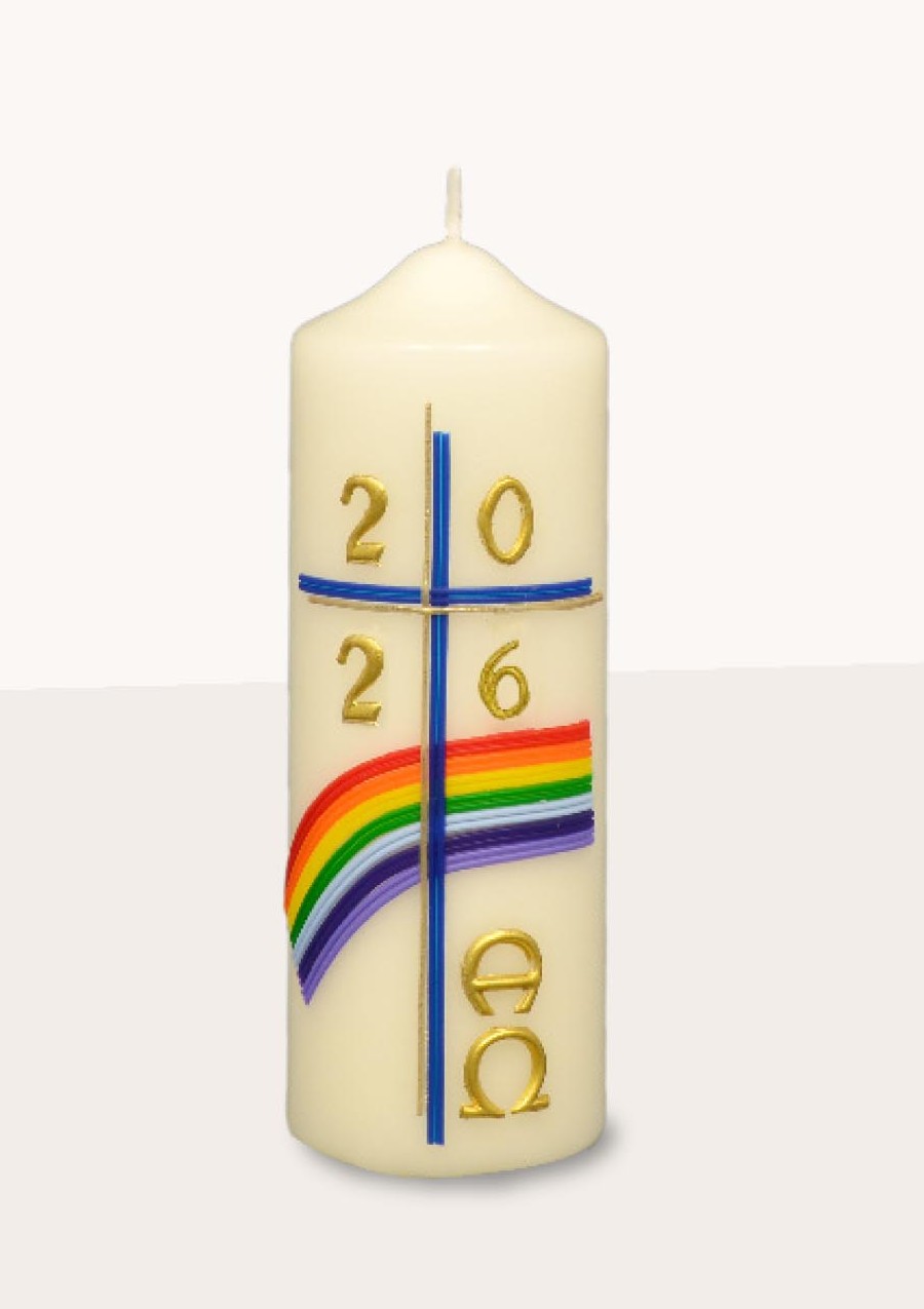 Osterkerze - Regenbogen & Kreuz & Jahreszahl