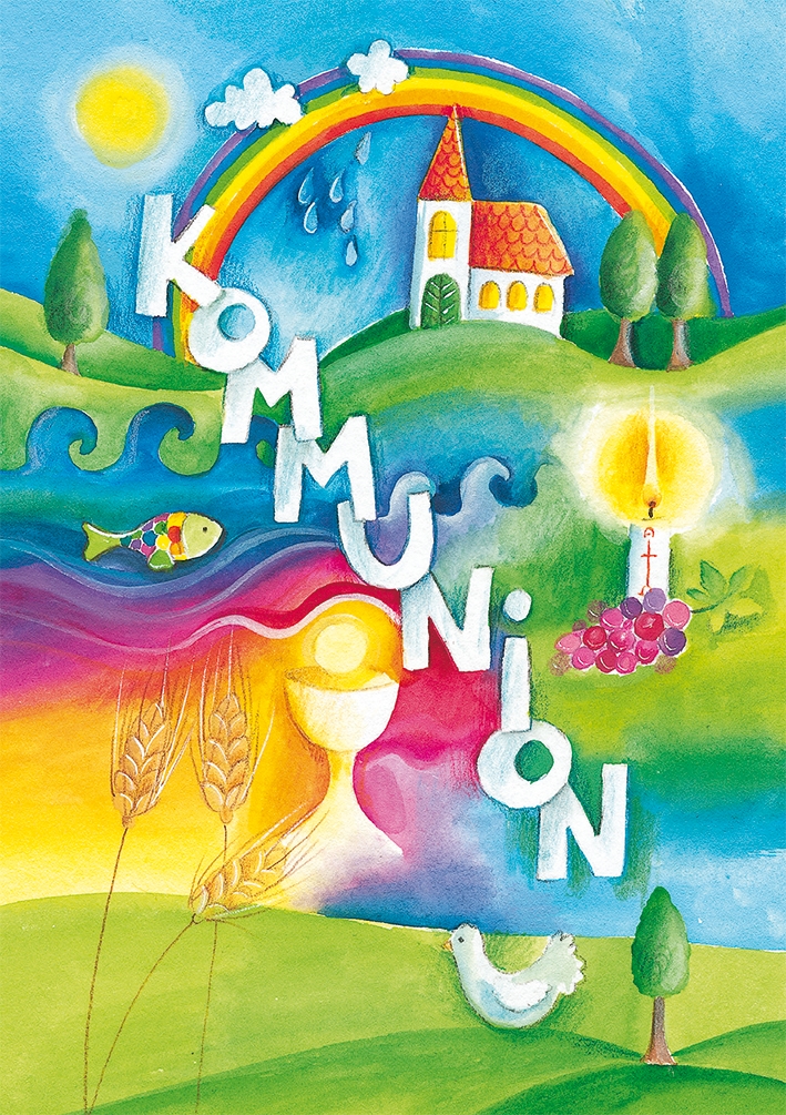 Karte zur Kommunion - Regenbogen & Taube Karte zur Kommunion - Regenbogen & Taube