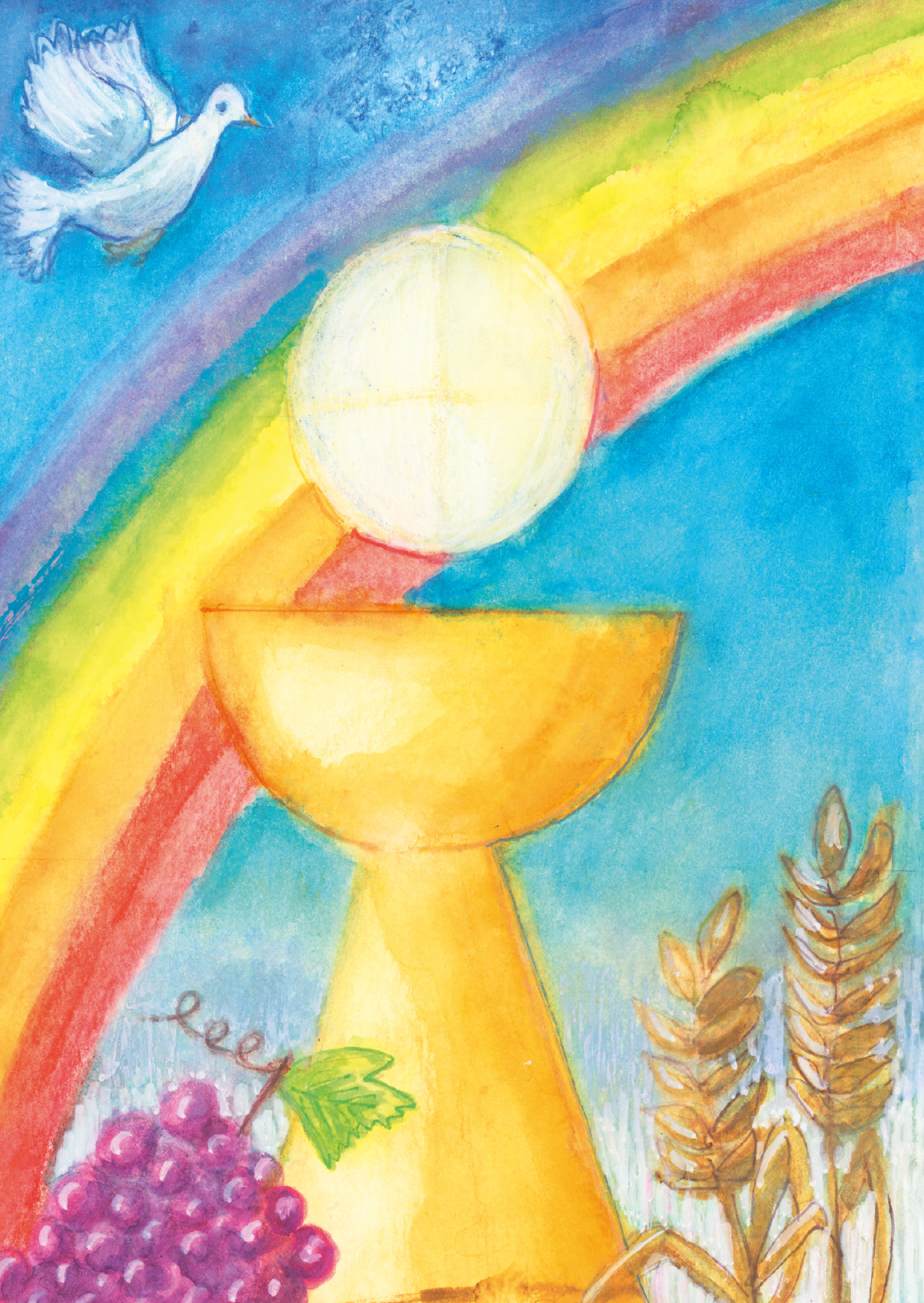 Karte zur Kommunion - Regenbogen, Kelch & Hostie Karte zur Kommunion - Regenbogen, Kelch & Hostie