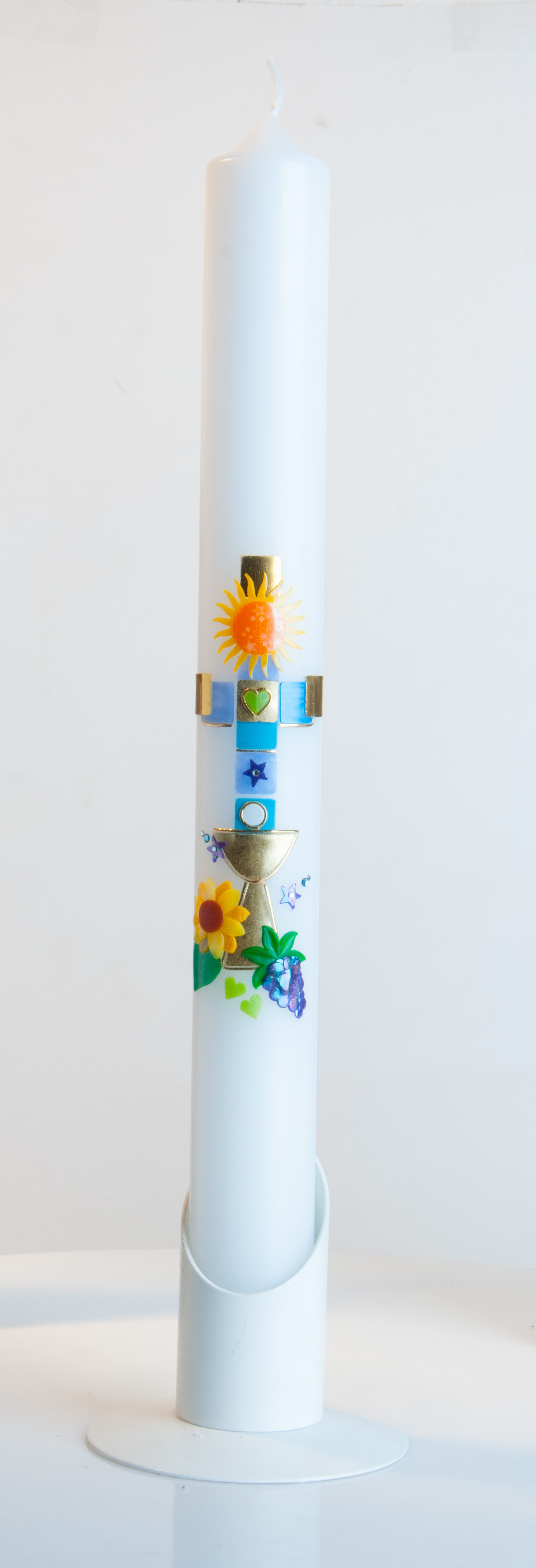 Kommunionkerze - Sonne, Farbiges Kreuz und Goldener Kelch Kommunionkerze - Sonne, Farbiges Kreuz und Goldener Kelch