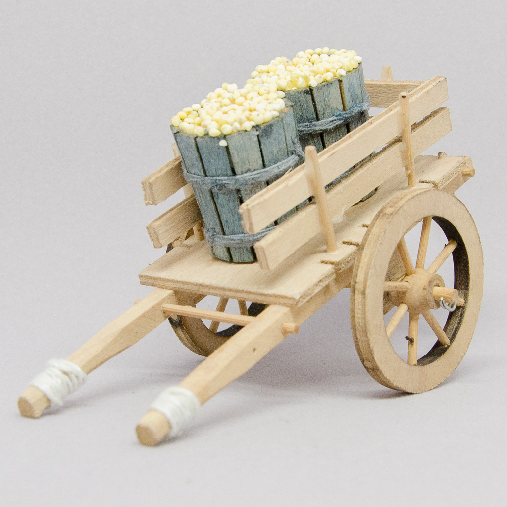 Krippenzubehör - Leiterwagen mit Getreidefässern Krippenzubehör - Leiterwagen mit Getreidefässern