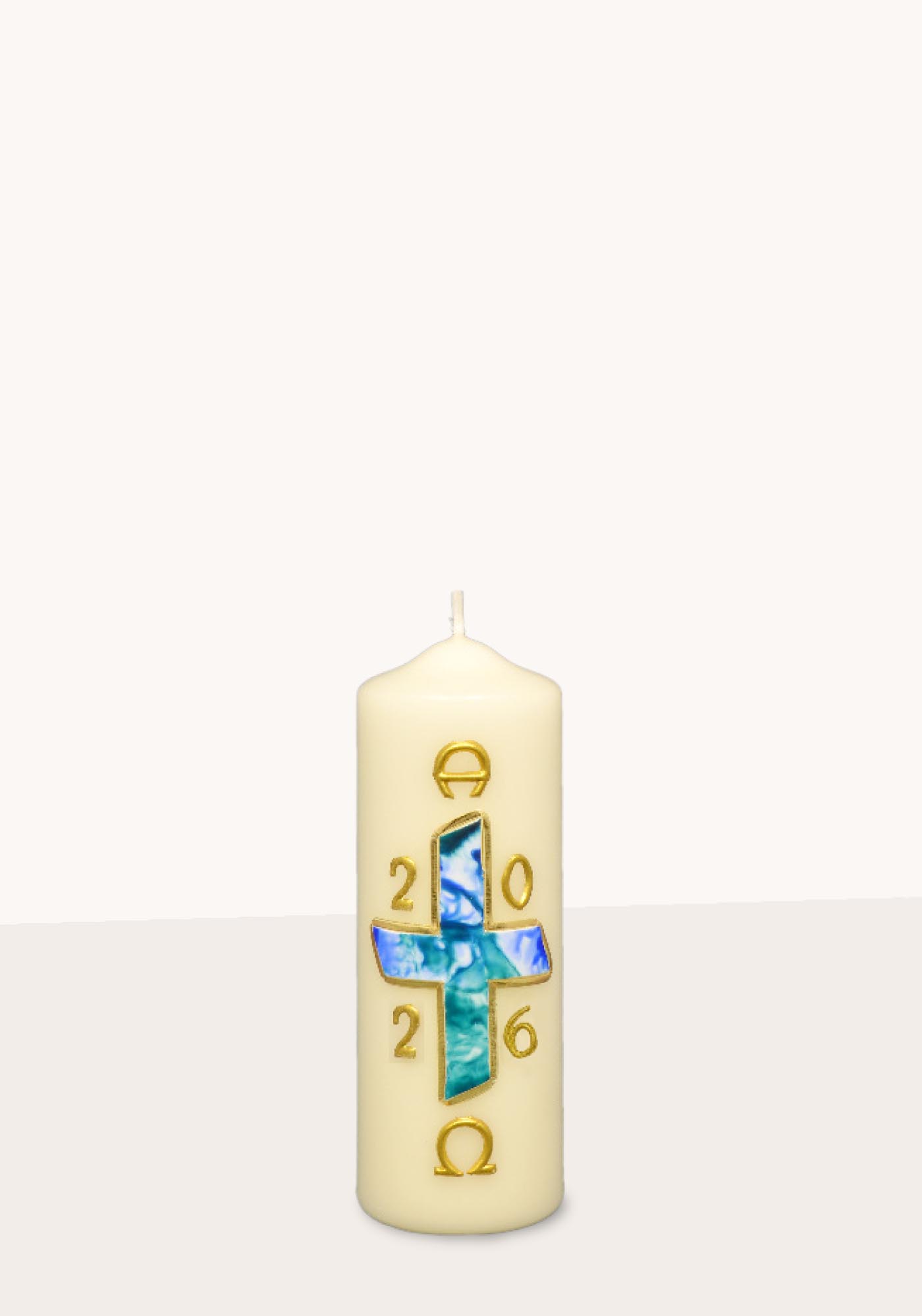 Osterkerze - Blaues Kreuz & Gold & mit Jahreszahl