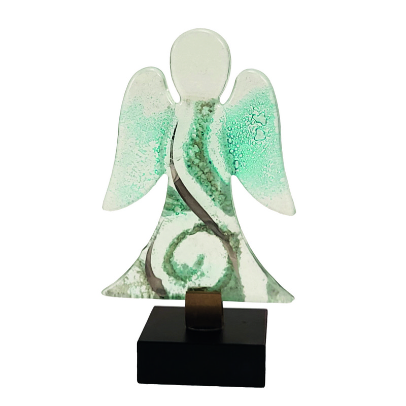 Glas-Engel - Kristall-Blau & Holzsockel