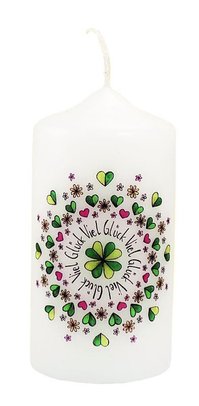 Neutrale Tischkerze – Viel Glück & Mandala